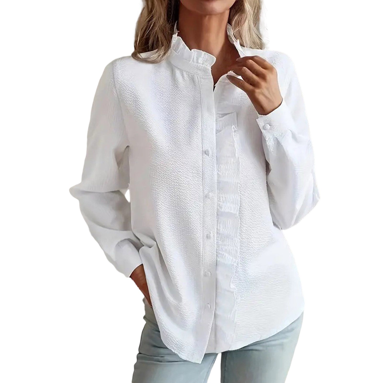 thumbnail image 1 of Blusa de mujer con estampado de rayas y cuello en V: camisa holgada de manga larga, versátil para ocasiones informales o de trabajo, 1 of 7